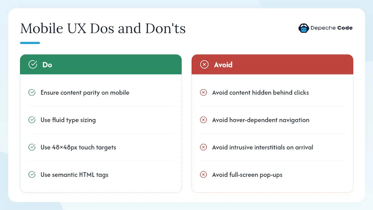 Responsive Website SEO: 2026 Guide for Better Rankings 1 UX, readability, and accessibility considerations that improve mobile SEO â overview diagram