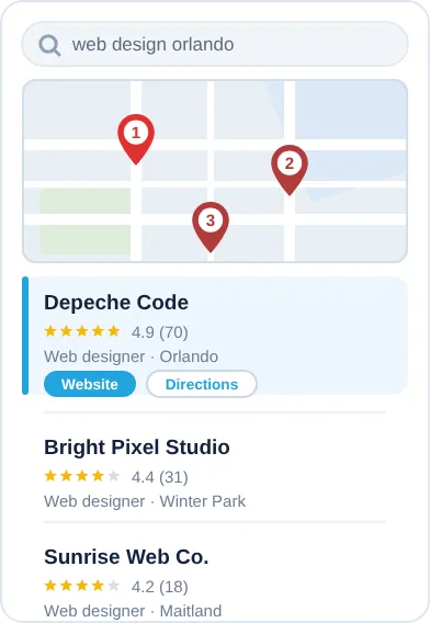 Google map pack result showing Depeche Code ranked first