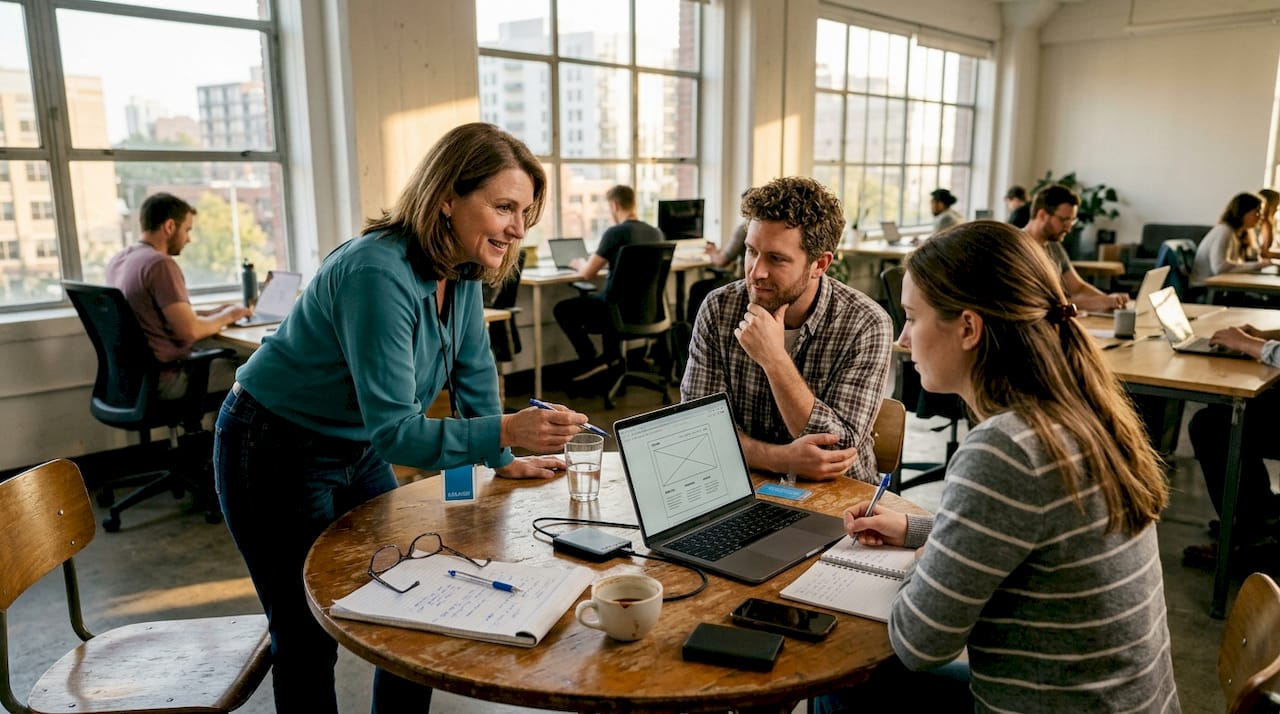 team reviews website draft in coworking office