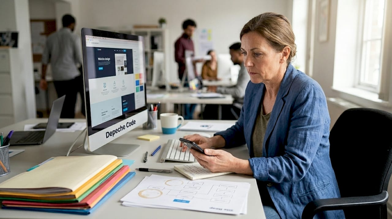 manager reviewing business website designs at desk
