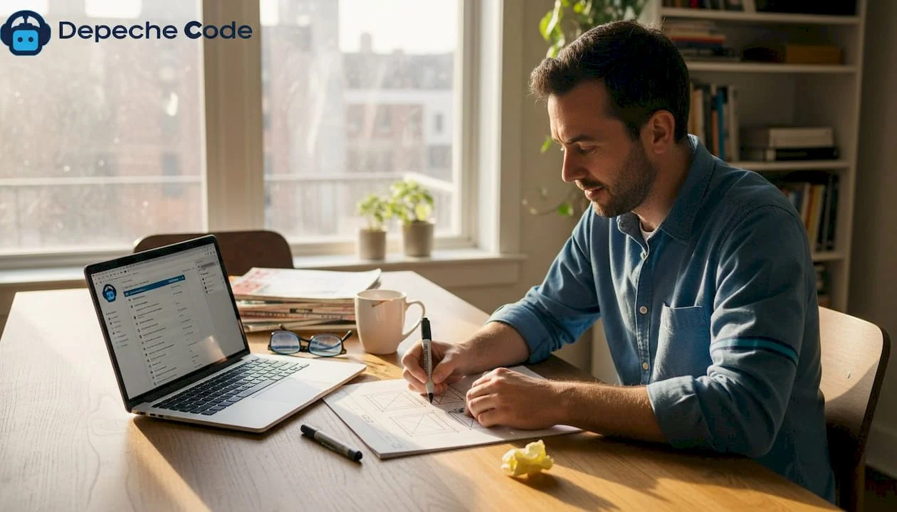 man planning website project at home table