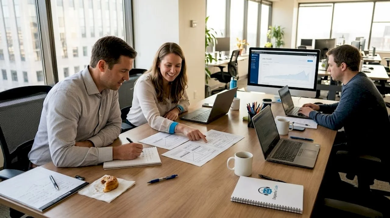 team planning web strategy in conference room