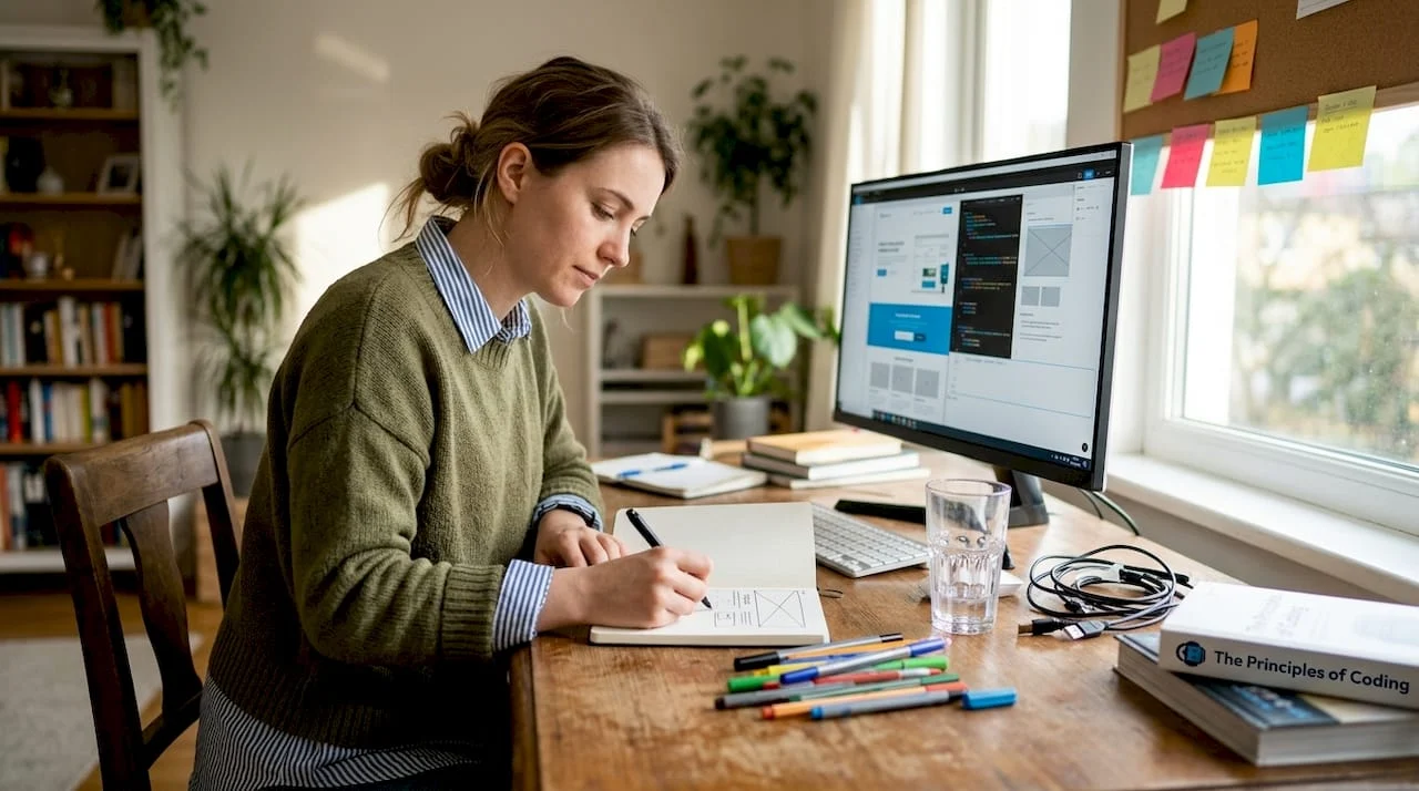 designer sketching web layouts in lit office