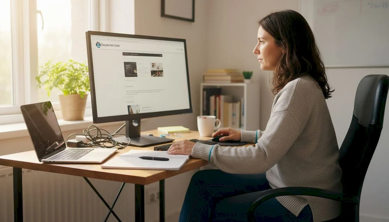 woman updating website in bright home office