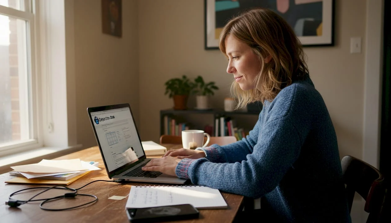 woman managing website in sunlit home office