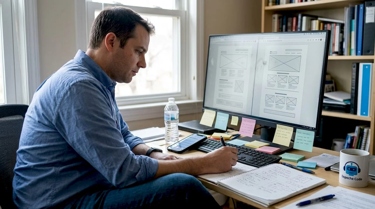 manager reviewing website redesign wireframes