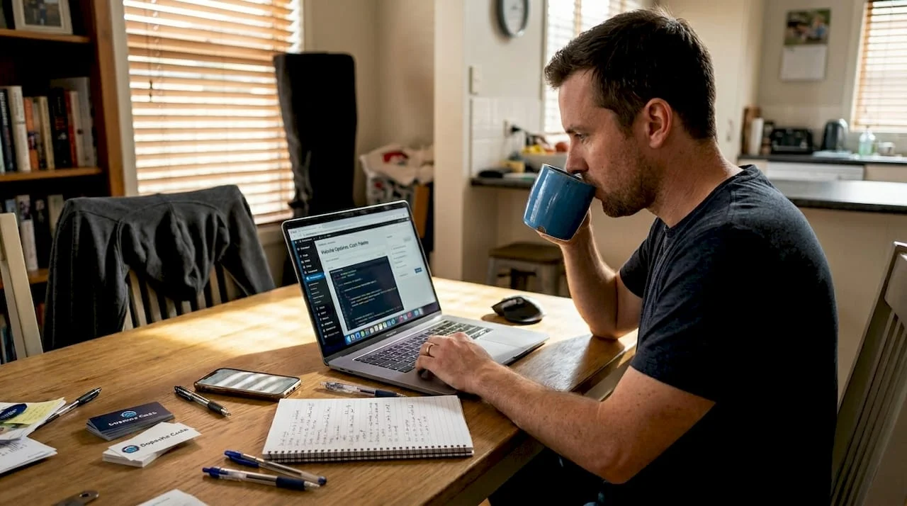 business owner updating website at home table