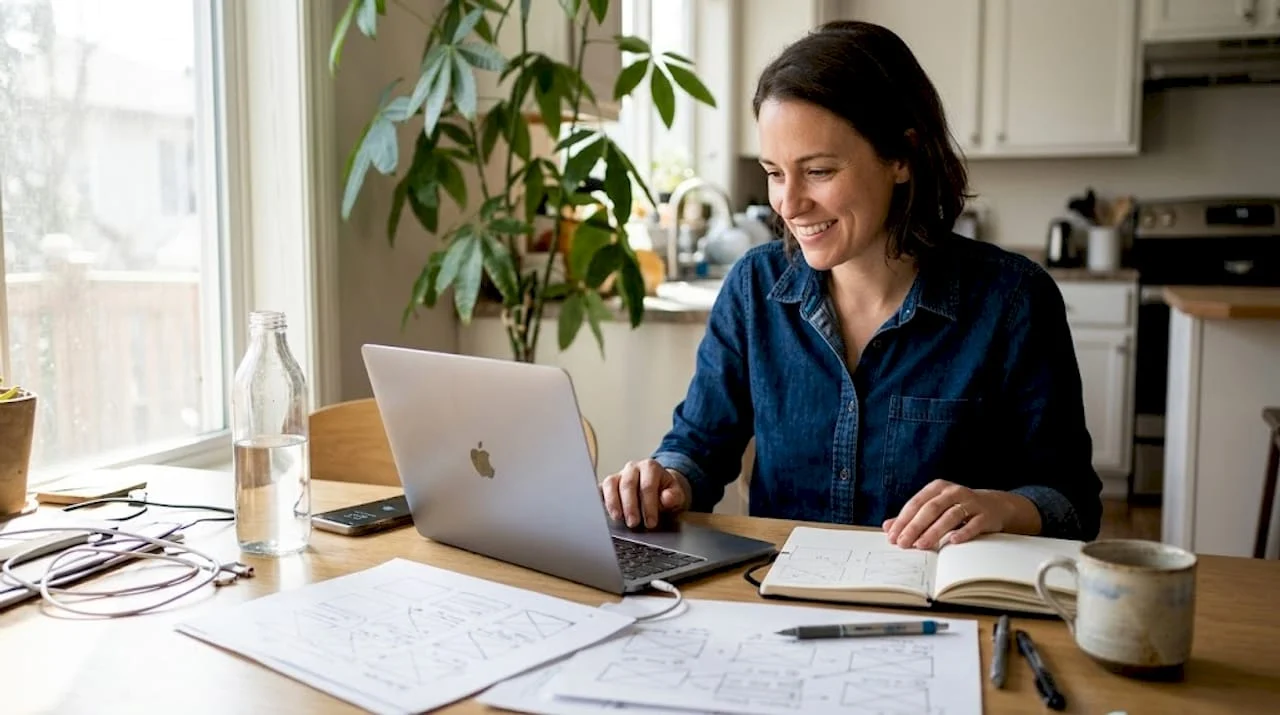 designer planning website process at kitchen table