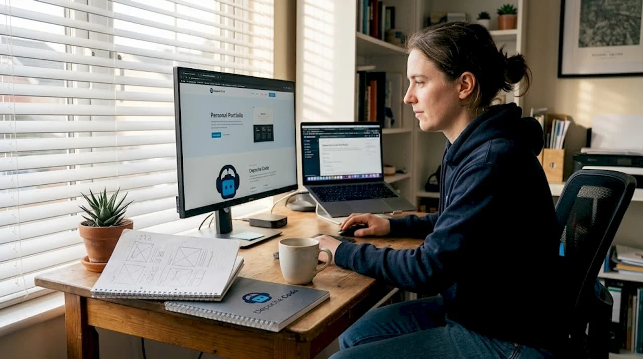 web designer working on portfolio site at desk