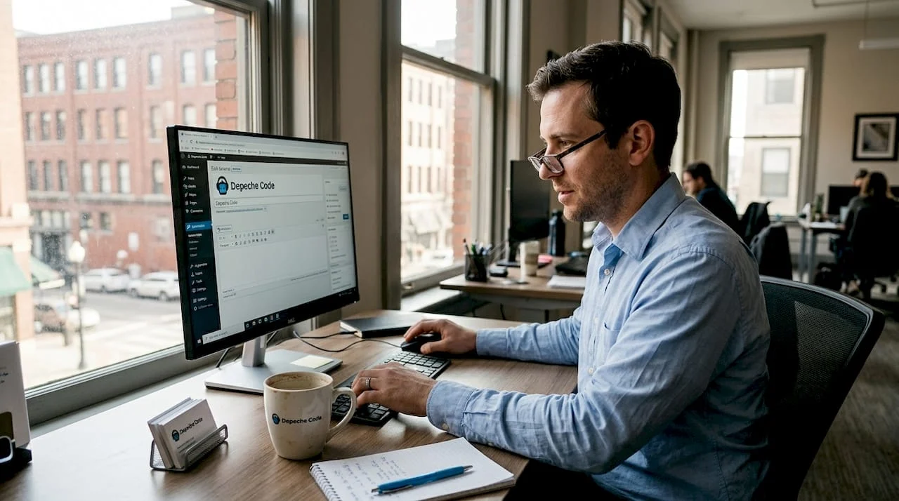 business owner updating company website in workspace