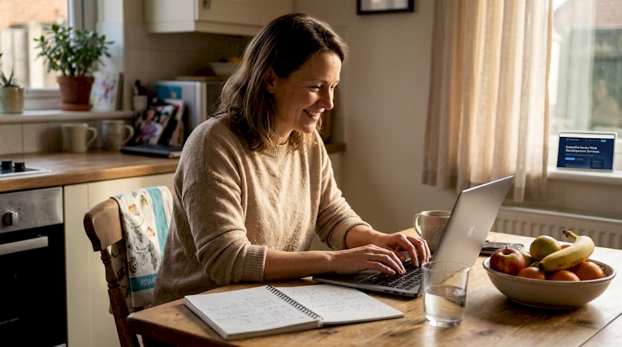 What Is a Business Website? Your Complete Guide 2 Small business owner launching website at kitchen table