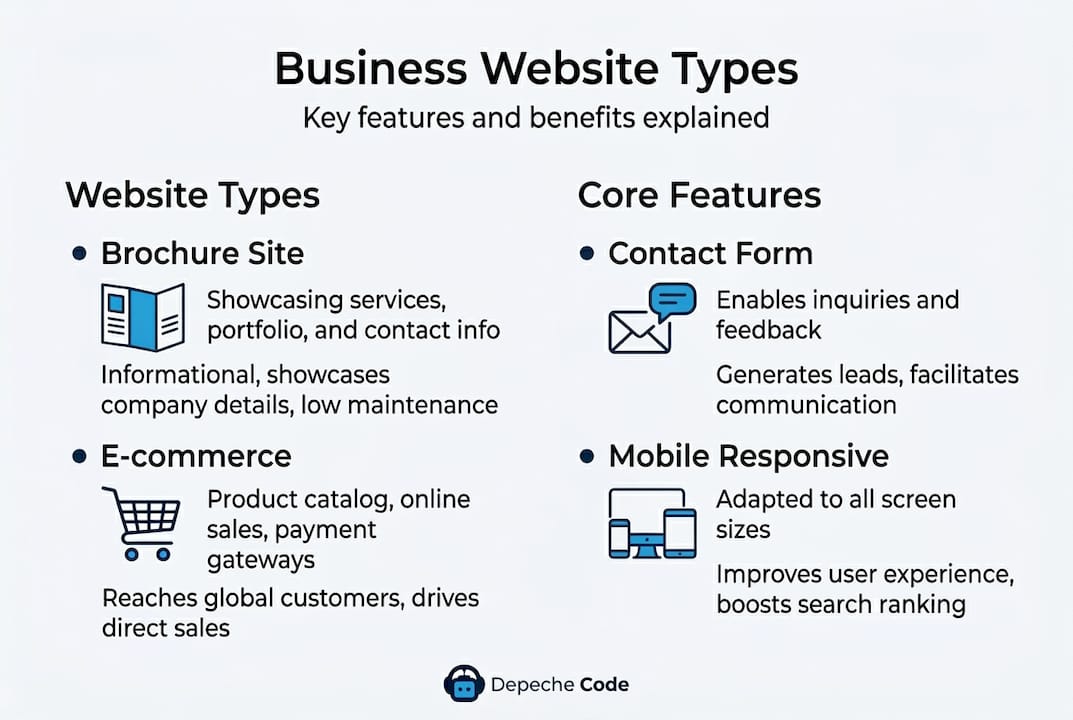 What Is a Business Website? Your Complete Guide 1 Infographic showing business website types and features