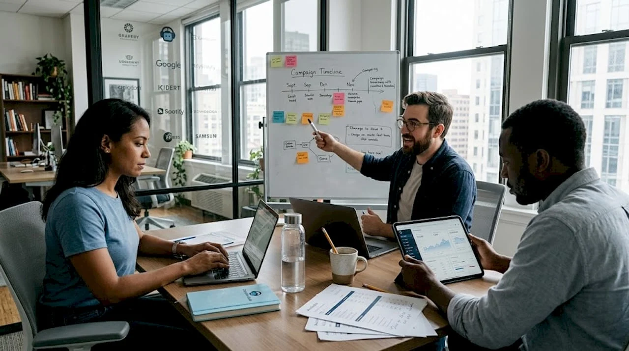 team collaborating in digital agency office