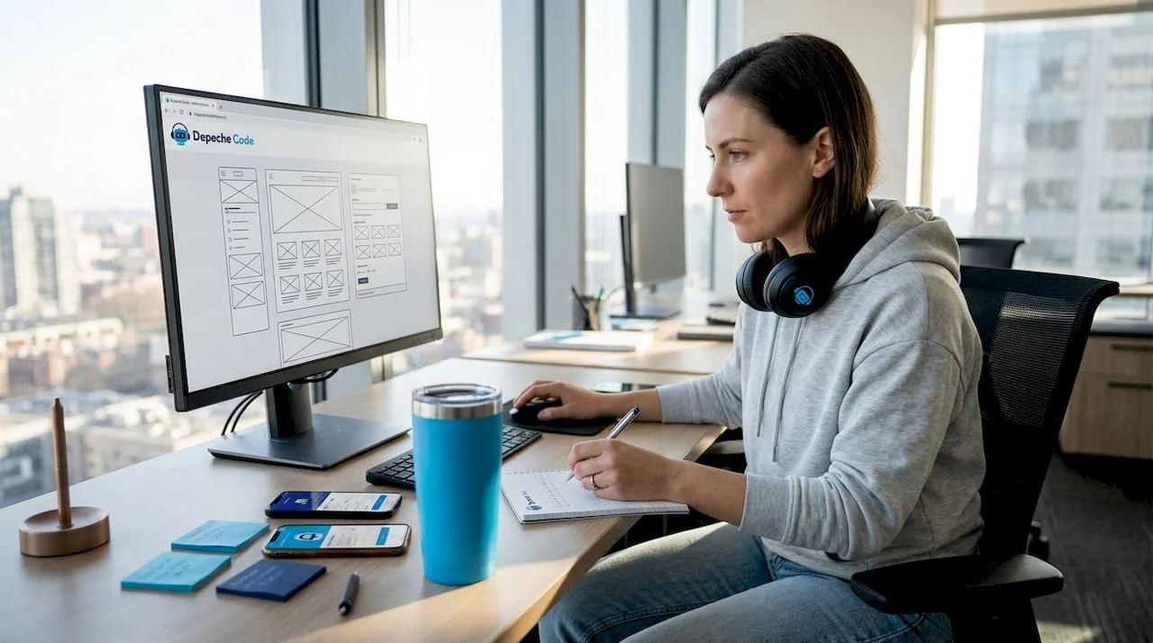 ux designer reviewing app wireframes at desk