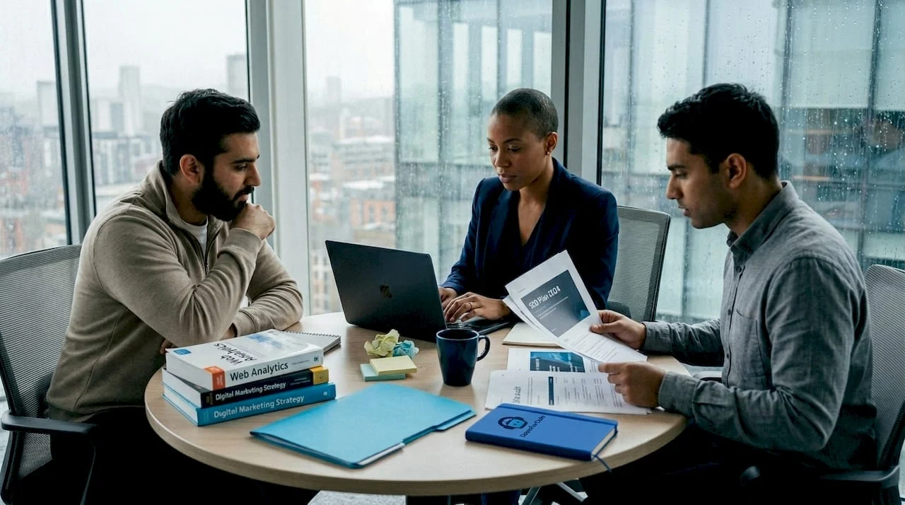 team collaborating on seo strategy in office