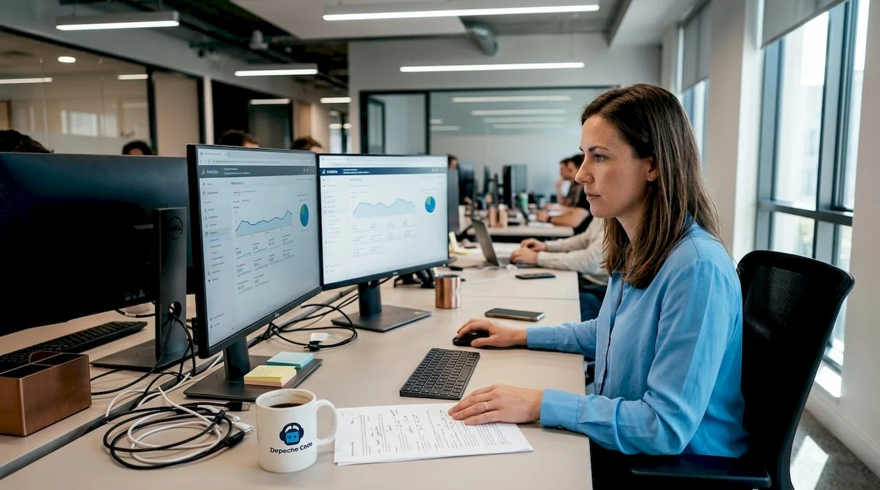 professional reviewing site analytics in busy office