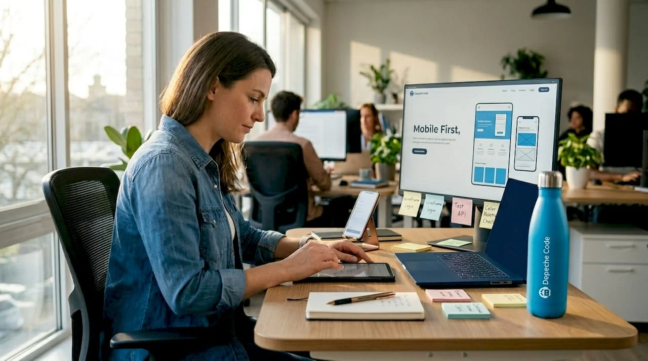 designer builds mobile-first website at workspace
