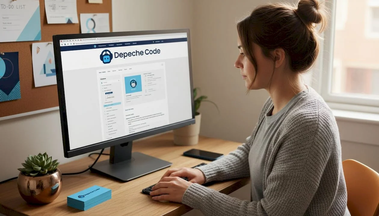 woman updating business website at home office desk