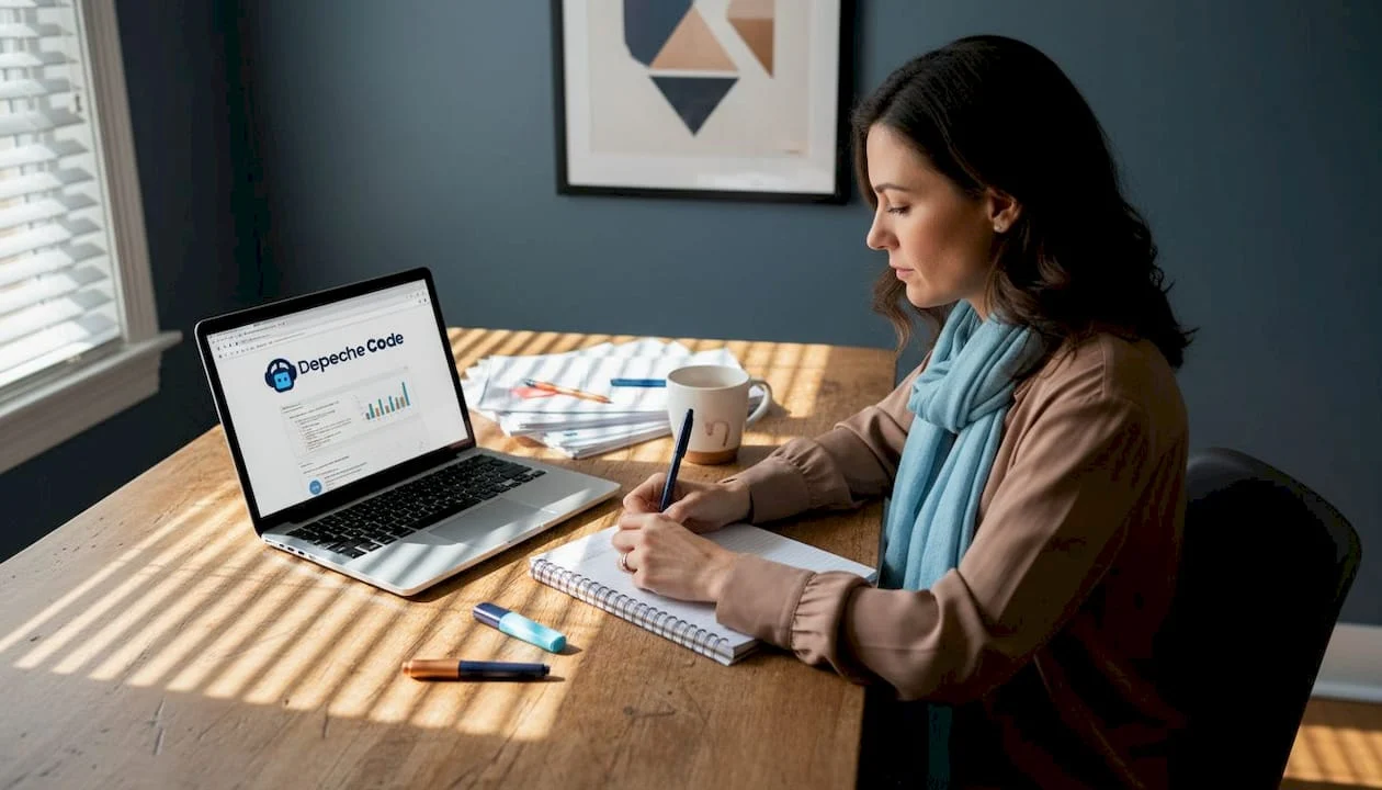 woman working on seo at kitchen table
