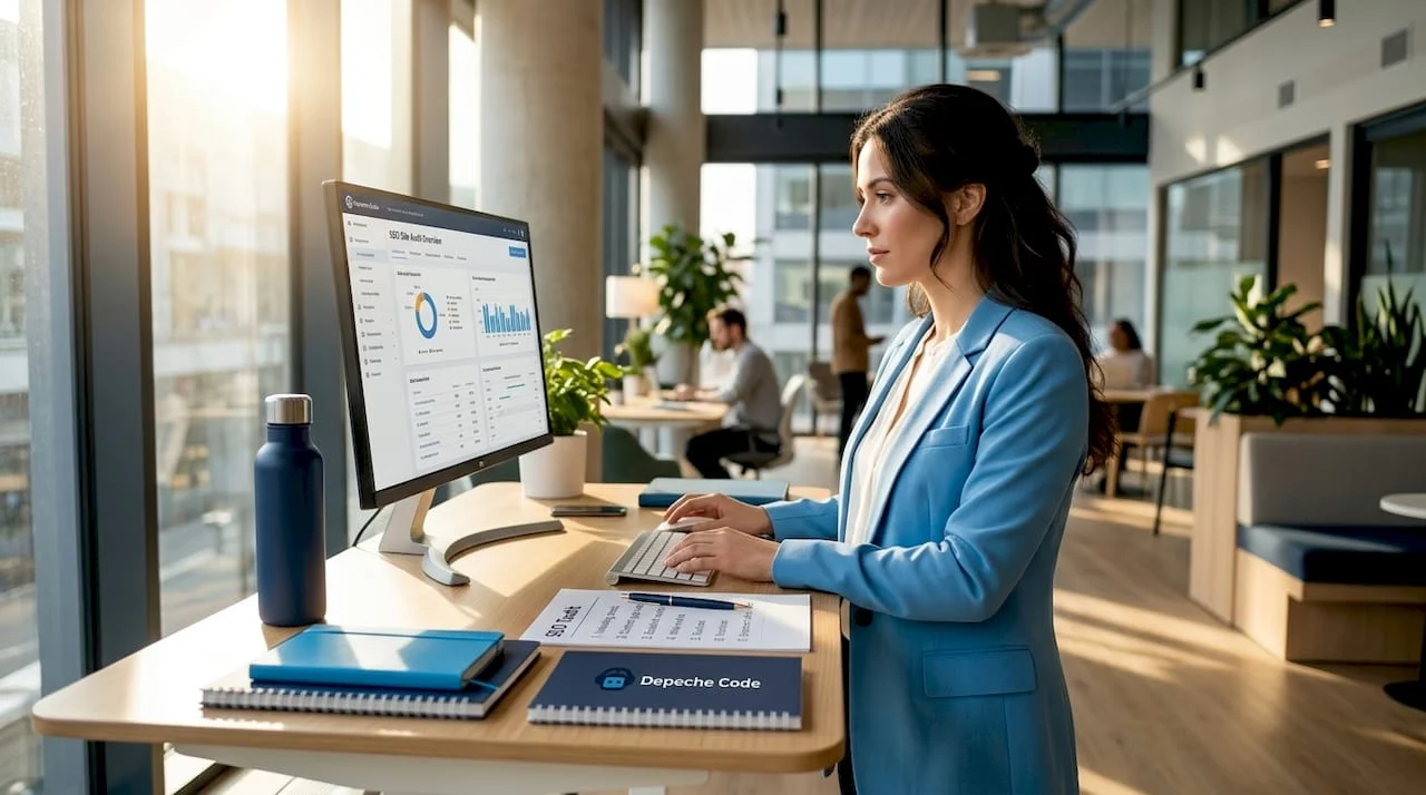 seo strategist reviewing site audit at desk