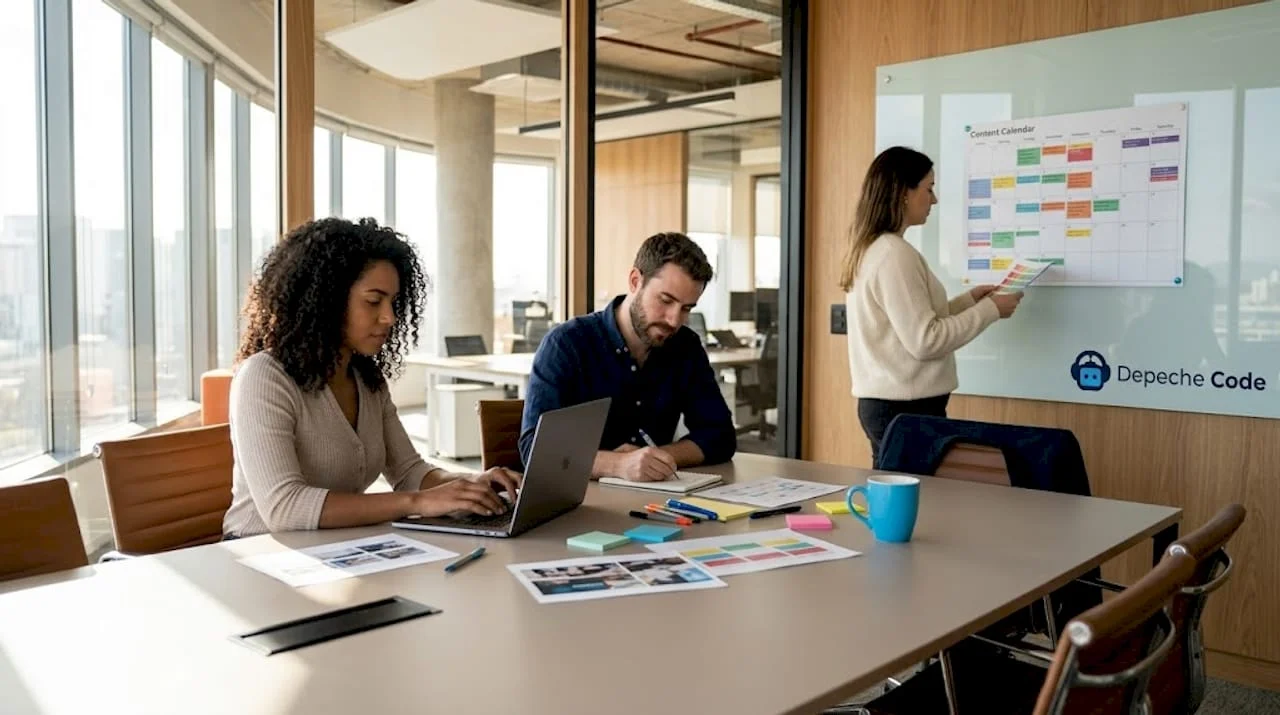 marketing team reviewing content calendar together