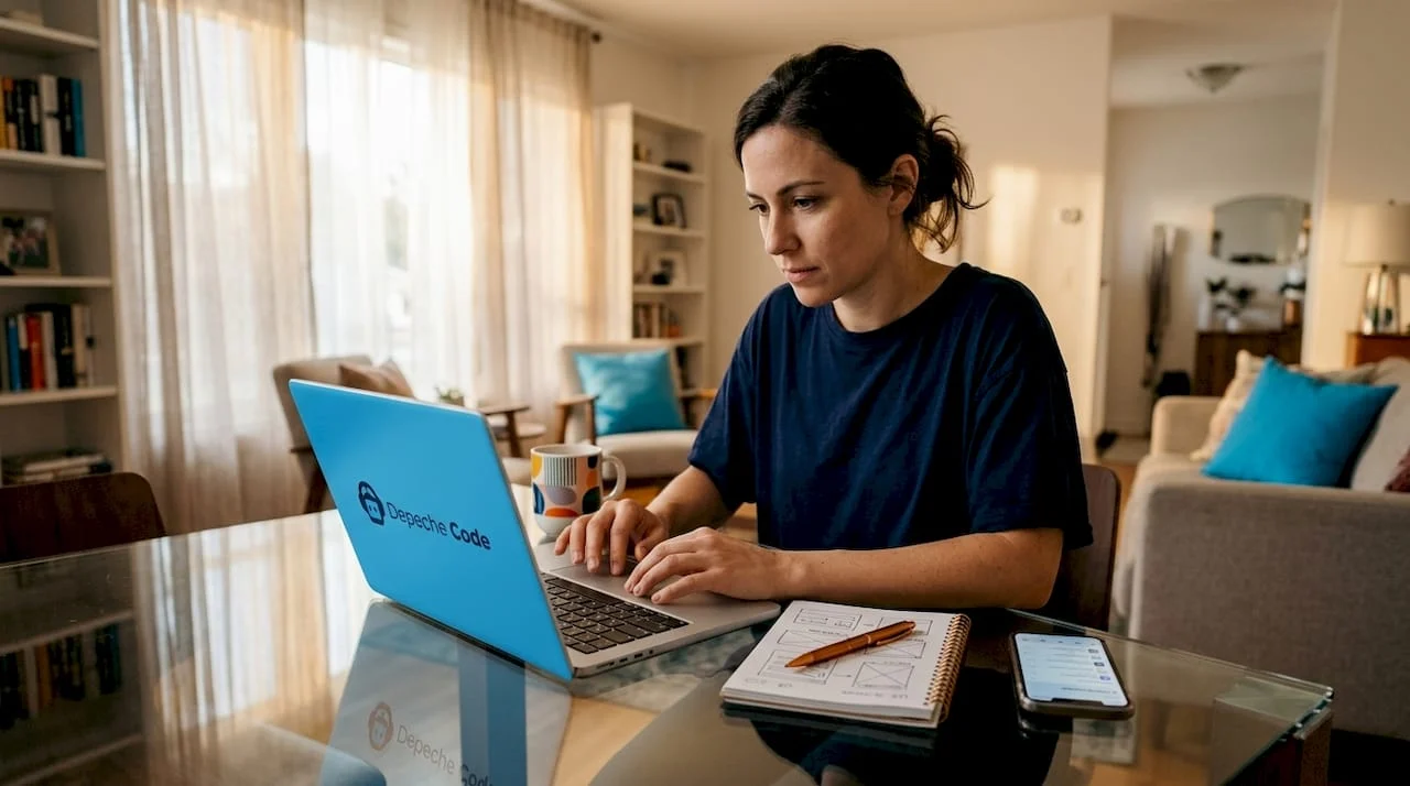 woman testing product at casual home workspace