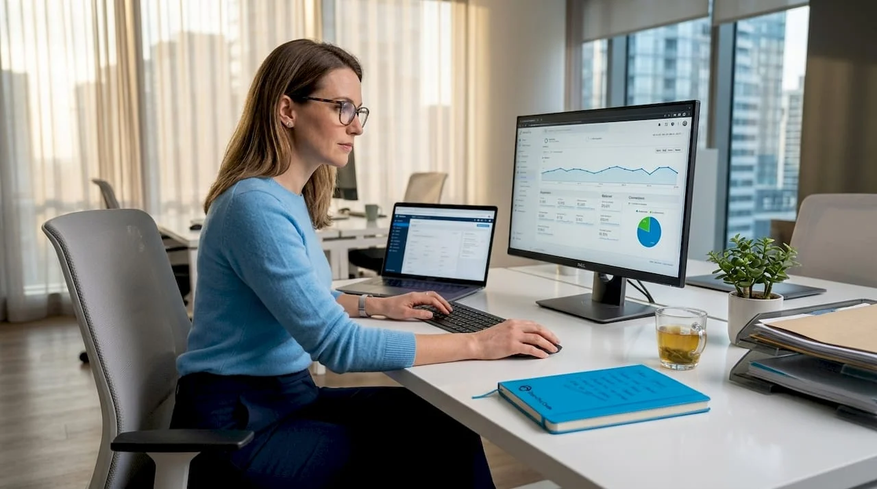woman reviewing website metrics at home office desk