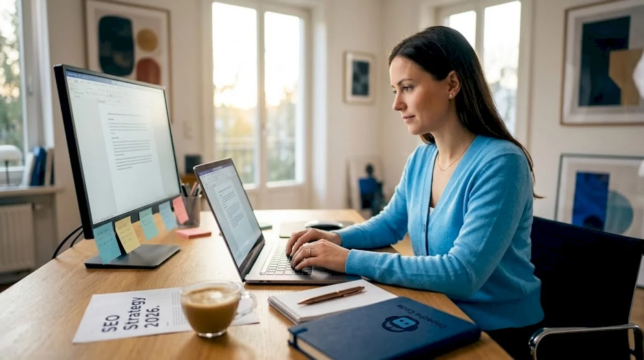 strategist reviewing seo content plan at workspace