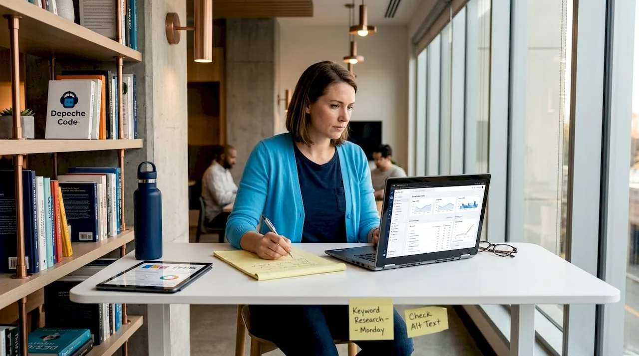 woman analyzing seo on laptop at home desk