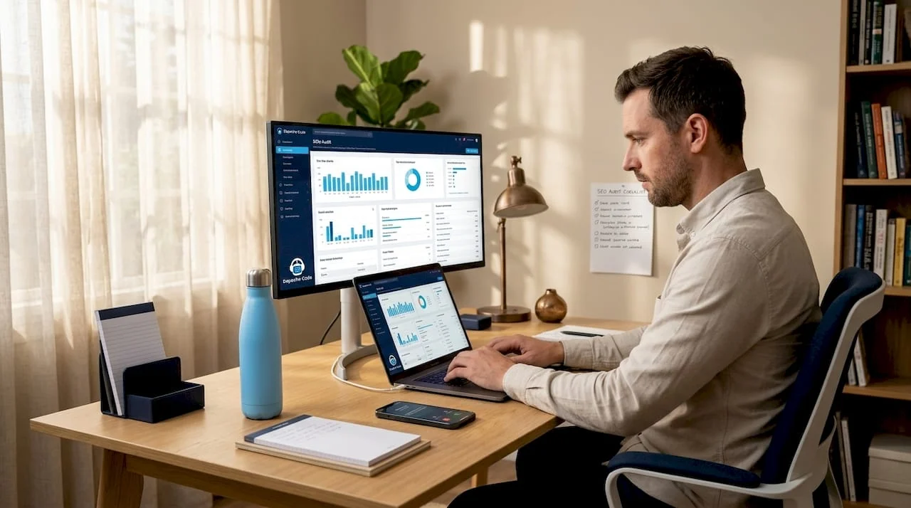seo specialist at home office desk working
