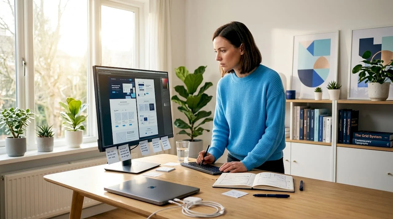 web designer reviewing layouts in sunlit home office