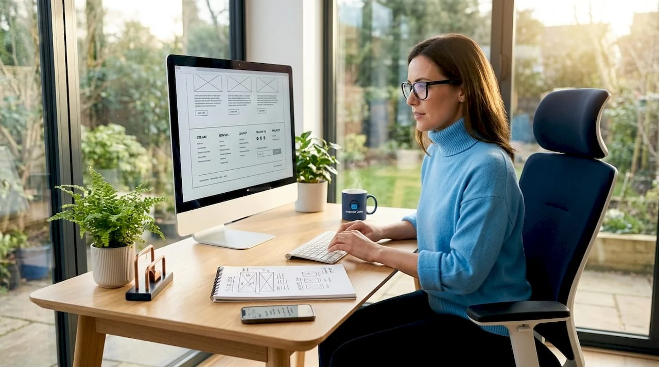 ux designer reviewing website footer layout on monitor