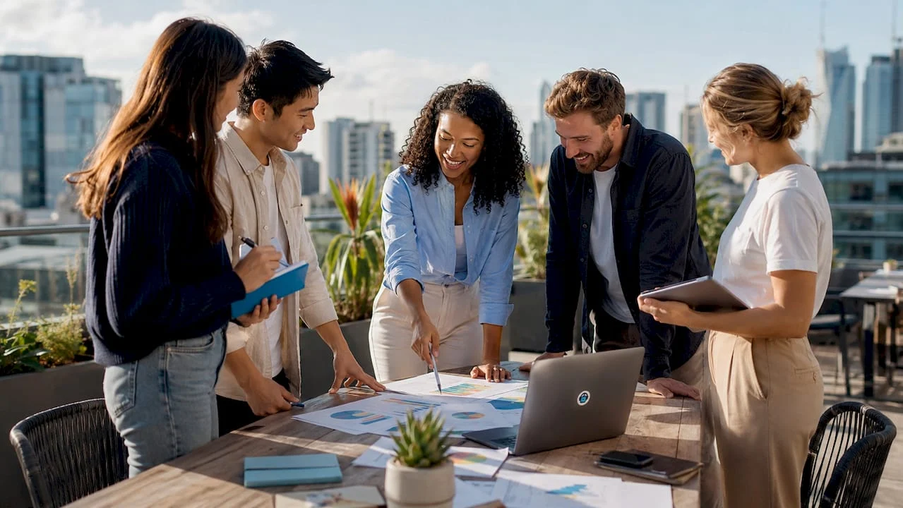 team discussing digital marketing strategy in office