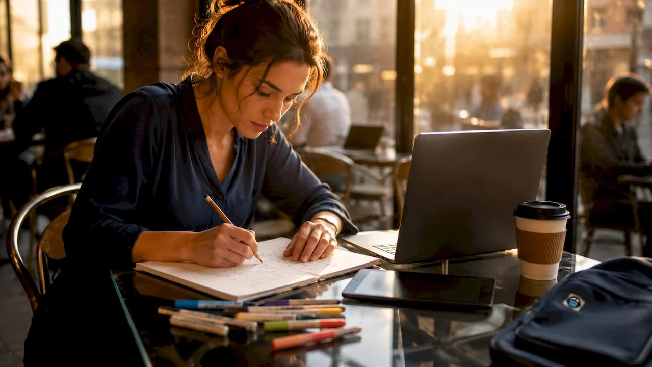 female web designer sketching website plan