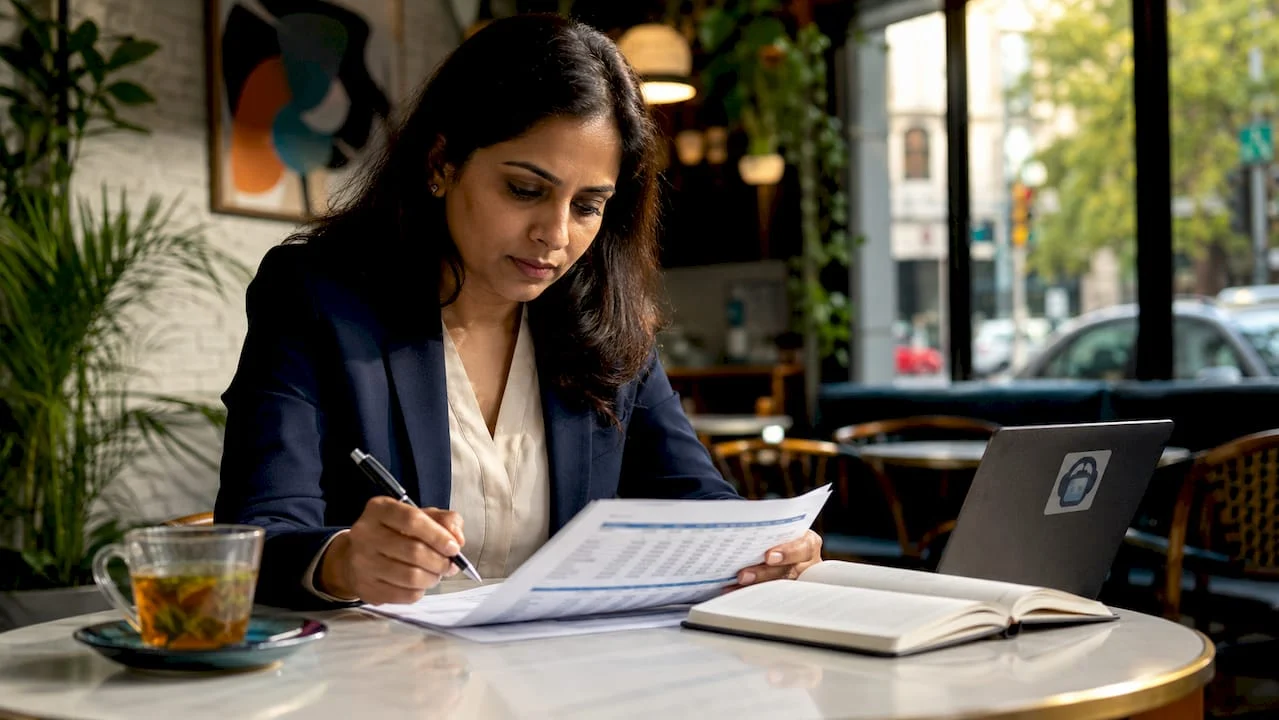 businesswoman reviewing website budget spreadsheet