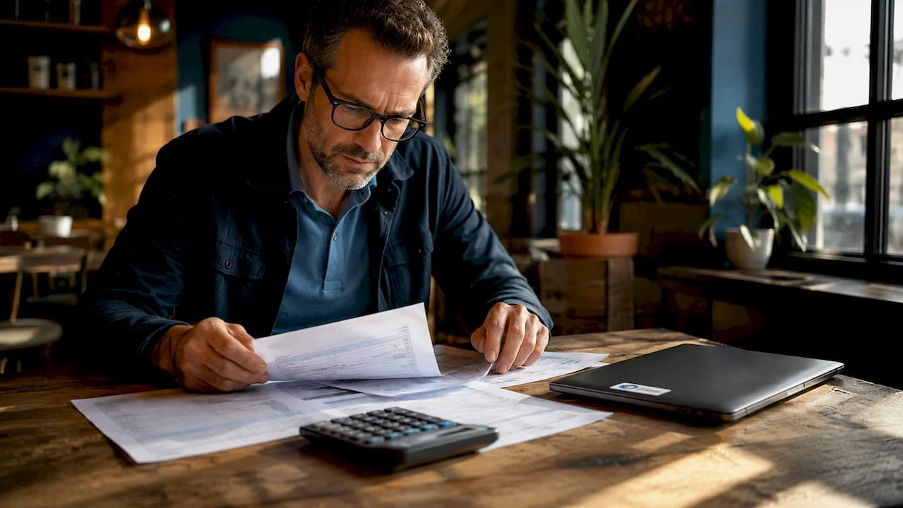 man reviewing web hosting bills at desk