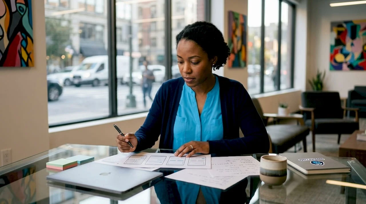 ux designer reviewing wireframe layouts at desk