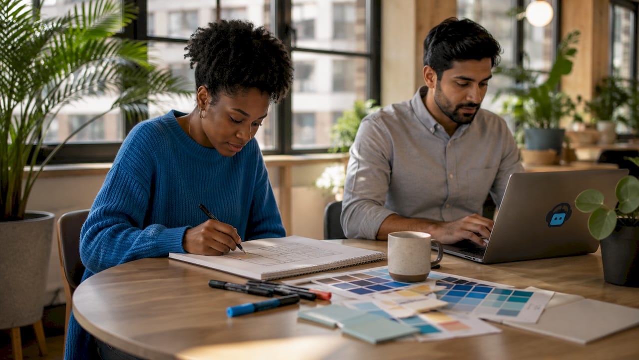 The Role of Rebranding in Redesign: 2026 Guide 1 Designers collaborating on wireframes and laptop