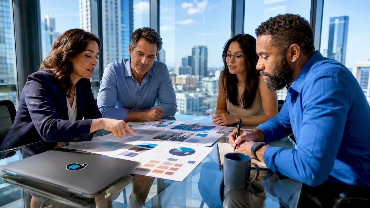 team discussing rebranding strategy around table