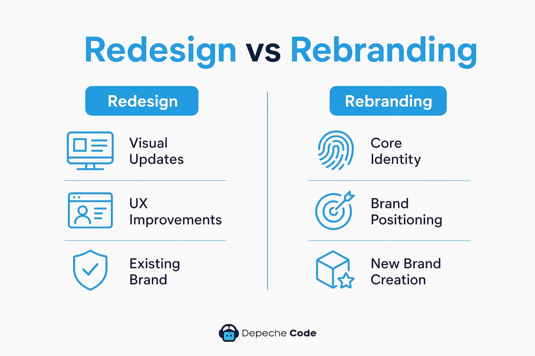 The Role of Rebranding in Redesign: 2026 Guide 2 Infographic comparing redesign with rebranding aspects