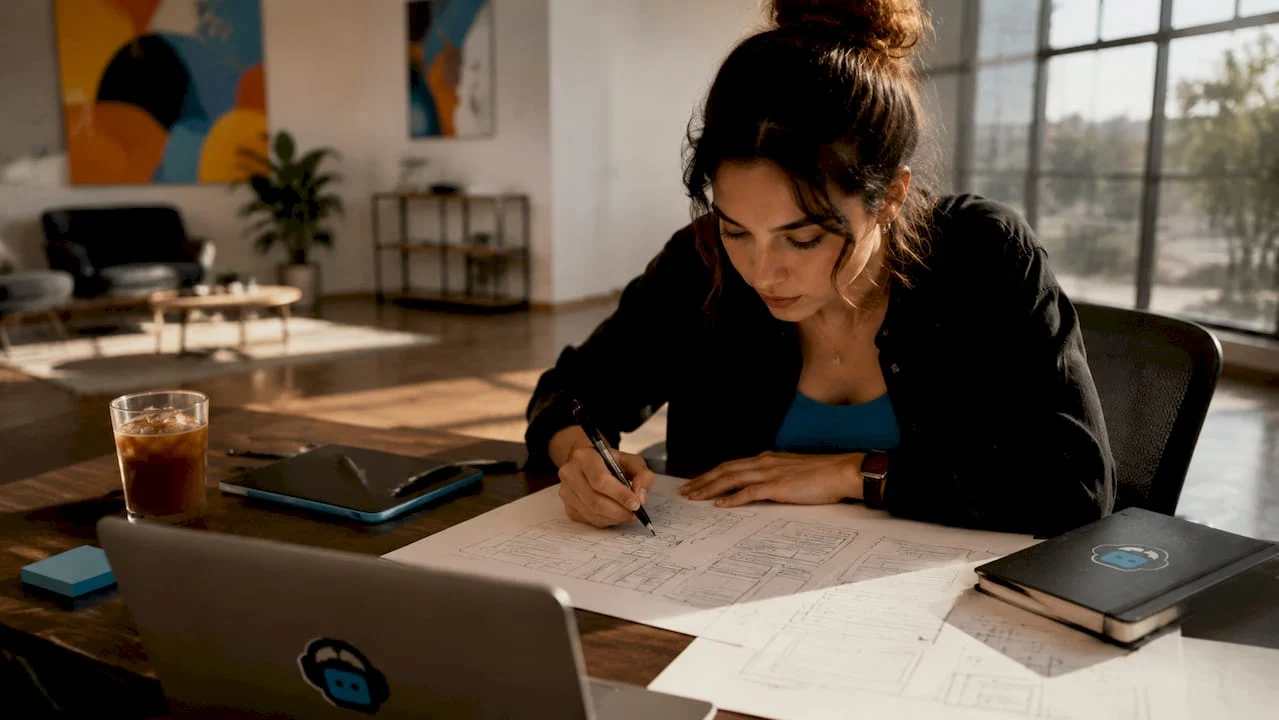 female ux designer sketching wireframes at loft table