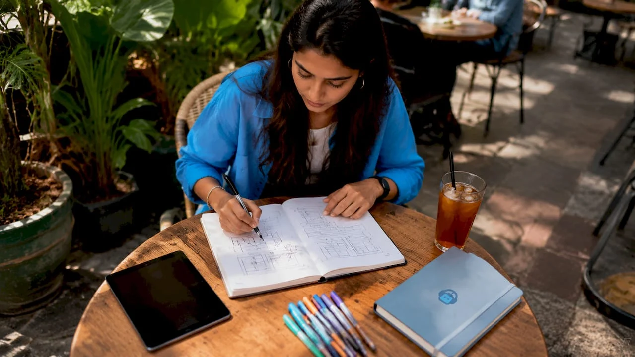 woman sketching landing page wireframes at desk