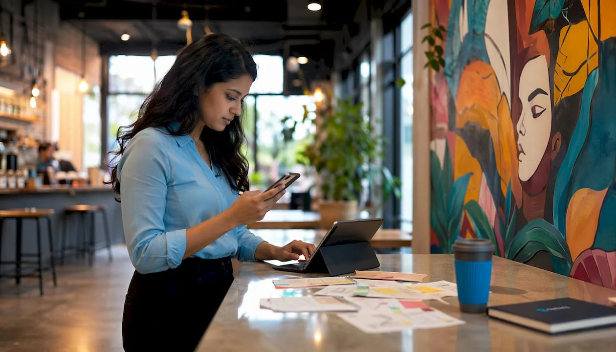 woman reviewing mobile website redesign on tablet and phone