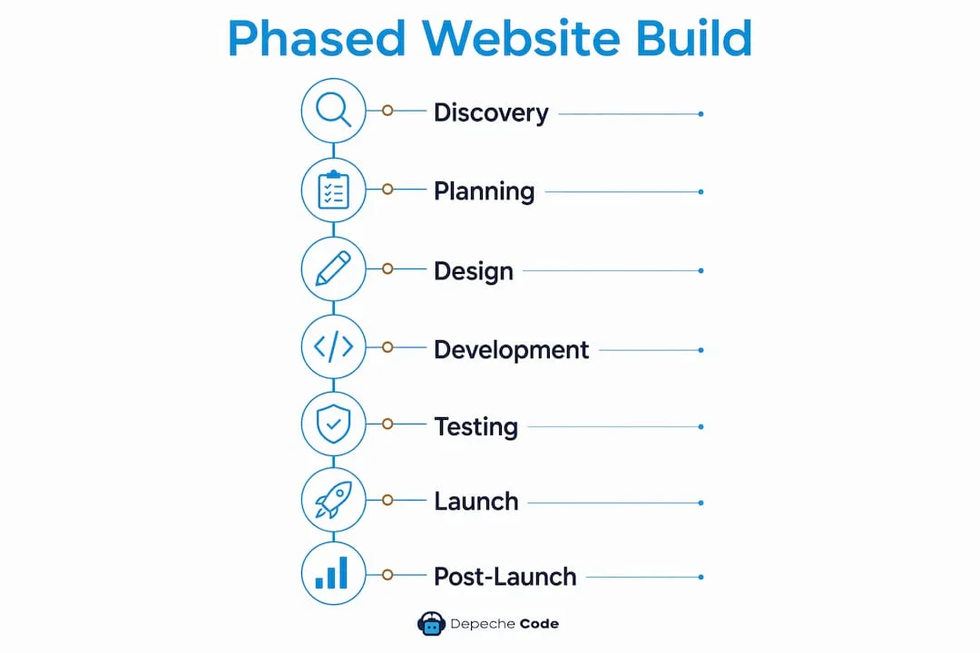 what is a phased website build? your 2026 guide 3 infographic showing stages of phased website build process