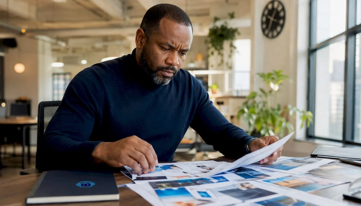 Marketing manager reviewing printed website images