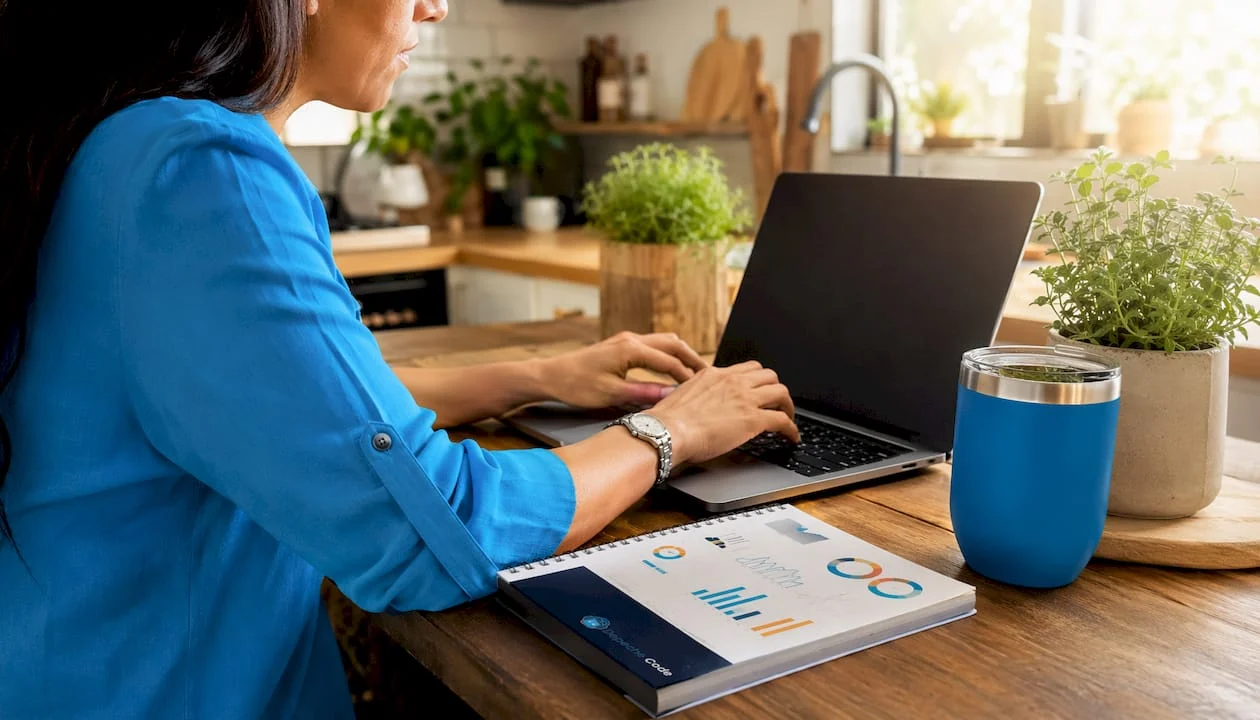 close-up hands typing laptop in home office