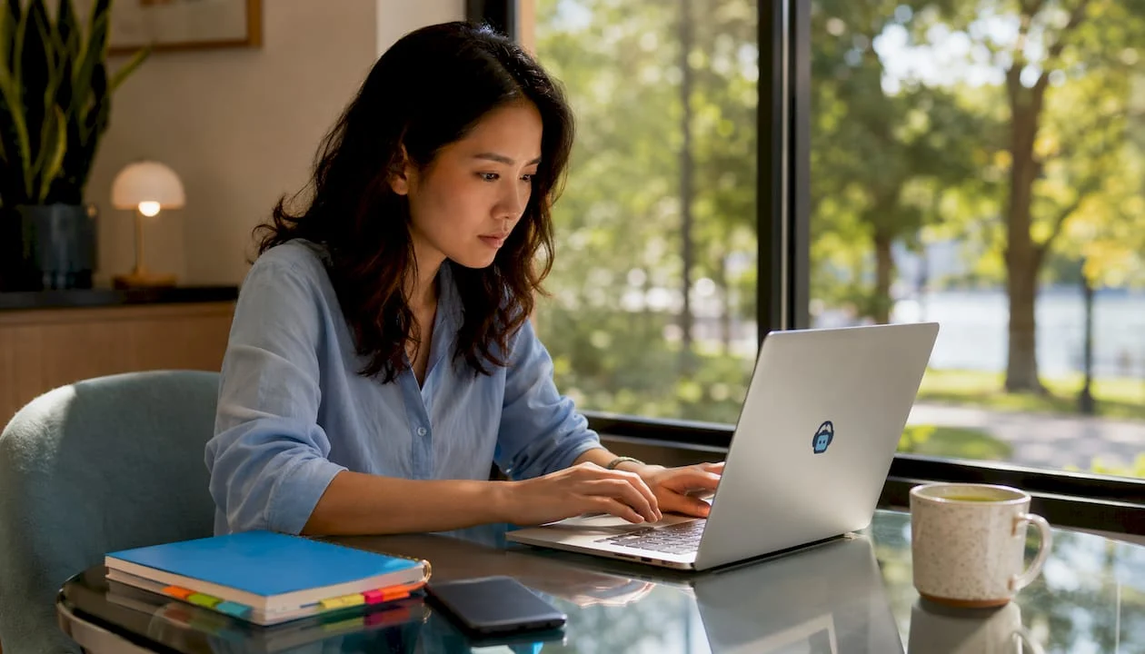 person working on laptop at home desk