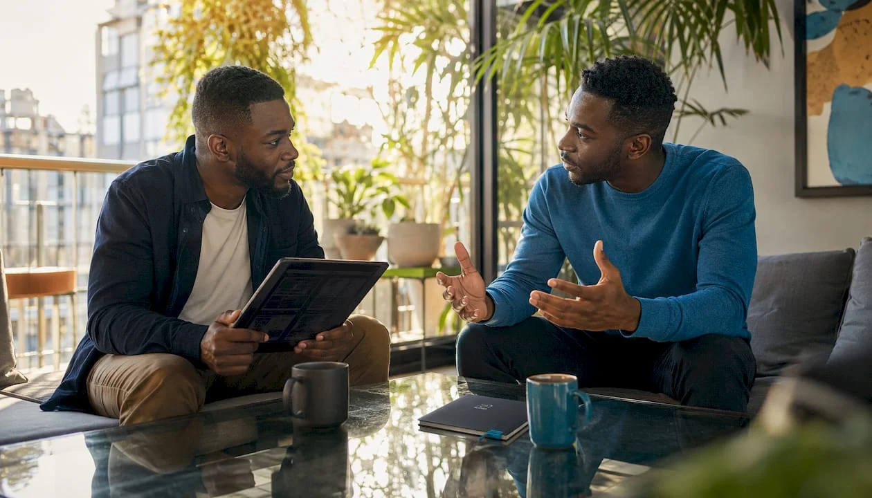 two people discussing website wireframes