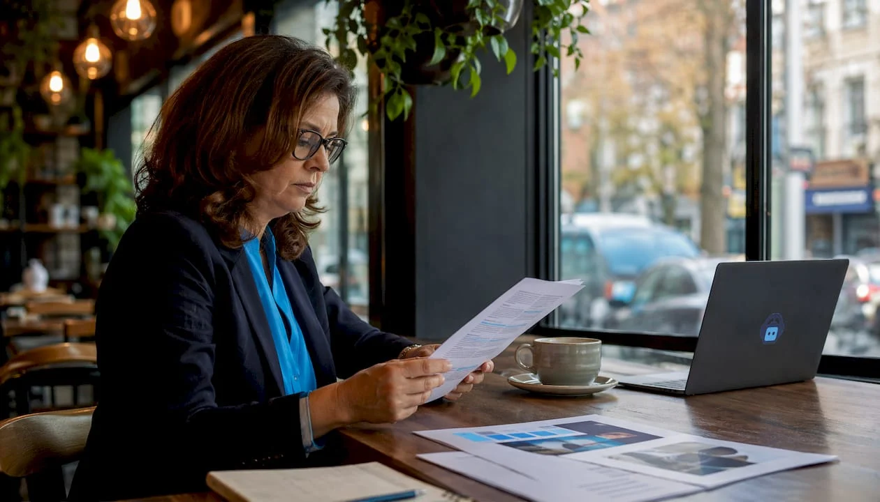 business owner reviewing online portfolio discovery materials