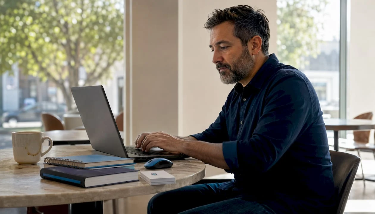 Man typing on laptop in wood-paneled office